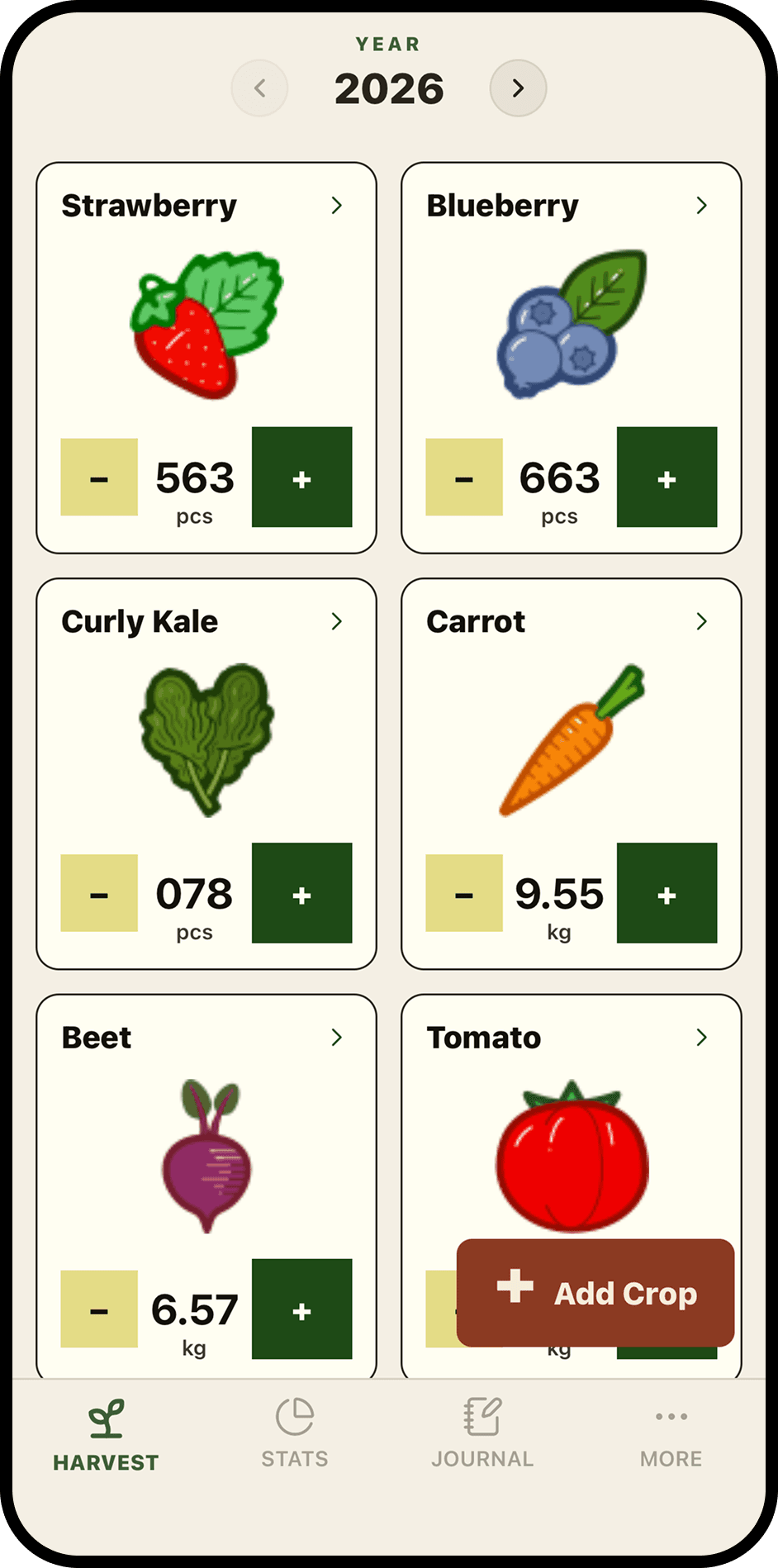 Log Harvest in 1 tap — crop grid with +/- steppers in Harvest Journal